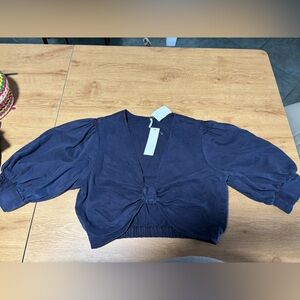 Blue Puff Sleeve Crop Hoodie with Tie Front BRAND YFB